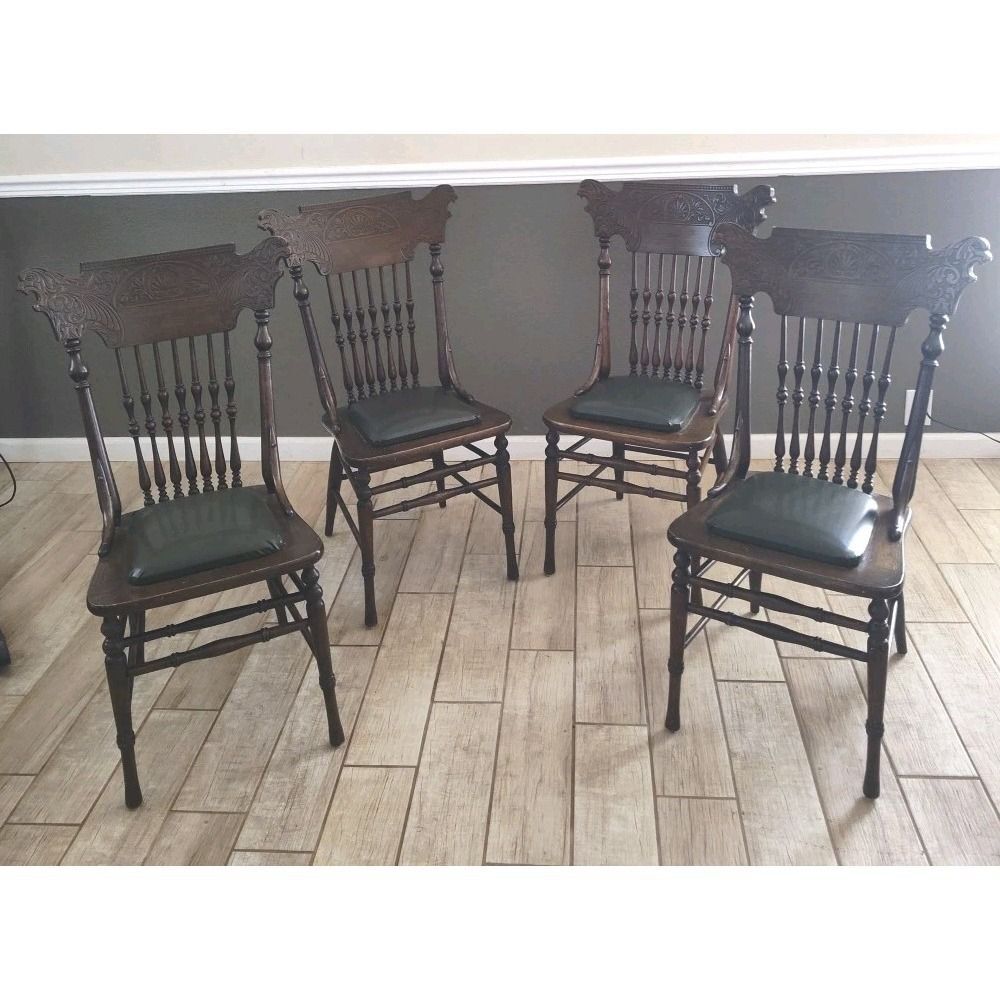 Set of 4 Matching Victorian Gothic Revival Lion Crest Pressed Back Dining Chairs